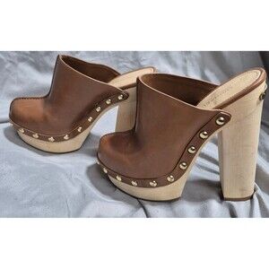 Michael Kors platform clog gold studded Liana leather sz 5 tank brown heels shoe